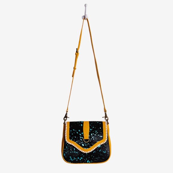 Yellow *Myra* Skyviews Leather & Hairon Bag | Black w/ Turquoise Sparkles | NWT - Picture 2 of 8